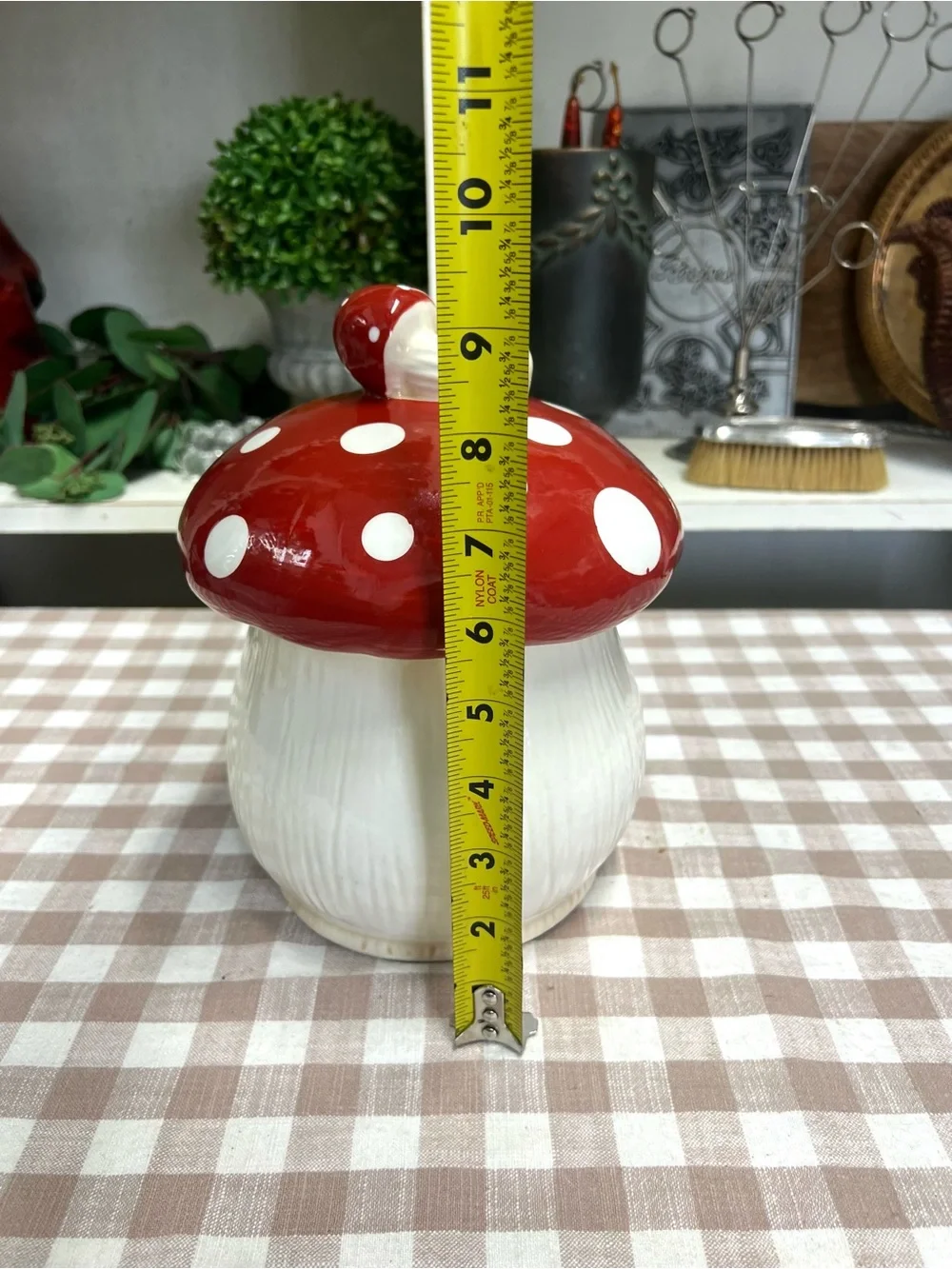 Mushroom canister ceramic red white cookie jar decor